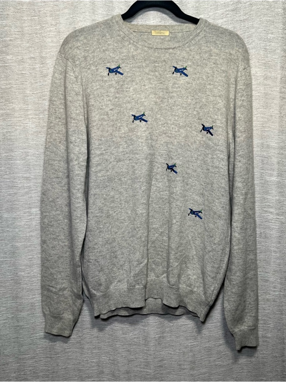 Malo 100% Cashmere Lux Sweater Gray Airplane Embroidered Crewneck Made in Italy - Picture 3 of 16